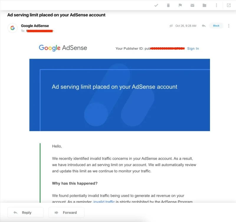 Google AdSense ad serving limit notice email