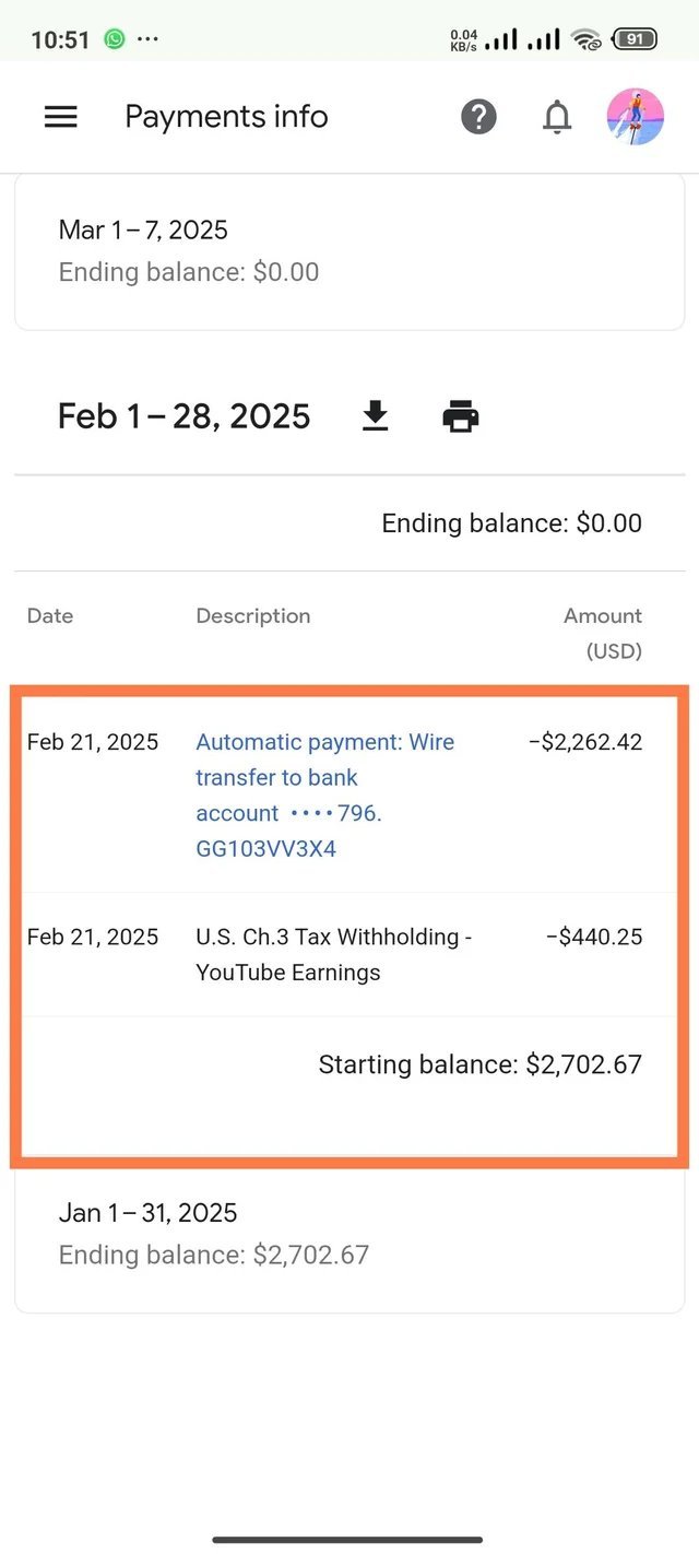 AdSense payments history showing a completed bank transfer payout